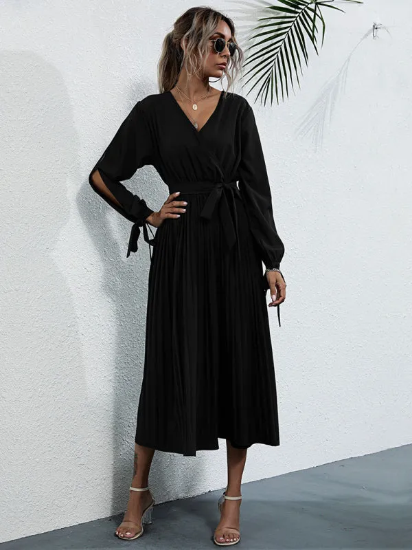 V-Neck Pleated Mid-Length Dress with Waist Tie and Hollow Straps