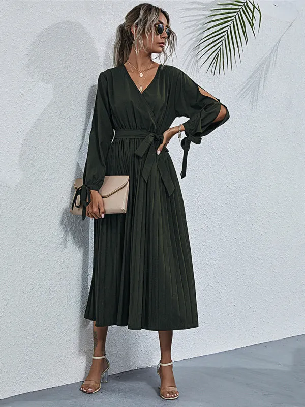 V-Neck Pleated Mid-Length Dress with Waist Tie and Hollow Straps