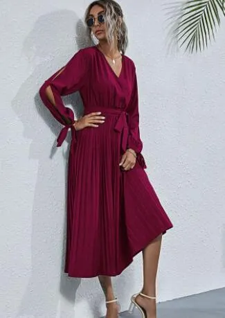 V-Neck Pleated Mid-Length Dress with Waist Tie and Hollow Straps