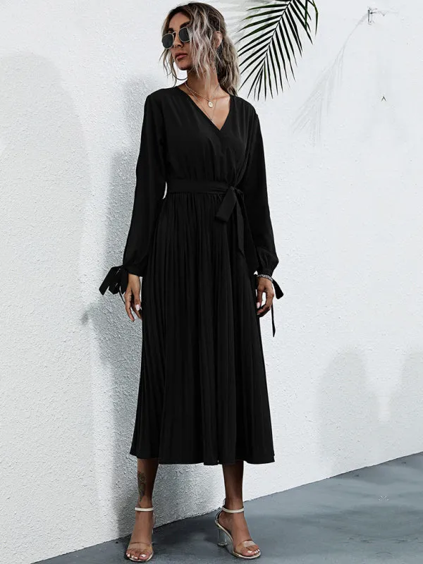 V-Neck Pleated Mid-Length Dress with Waist Tie and Hollow Straps