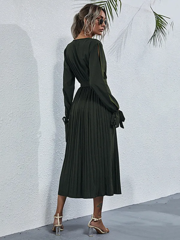 V-Neck Pleated Mid-Length Dress with Waist Tie and Hollow Straps