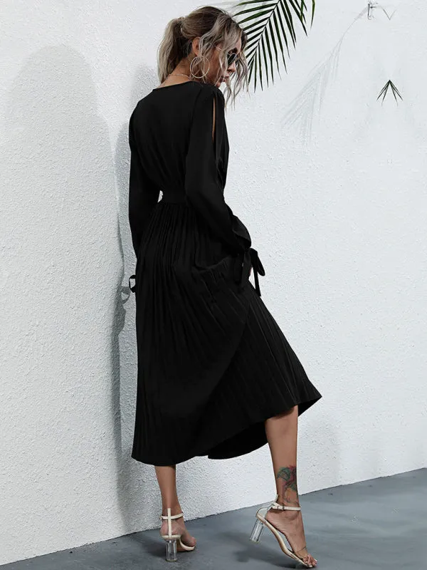 V-Neck Pleated Mid-Length Dress with Waist Tie and Hollow Straps