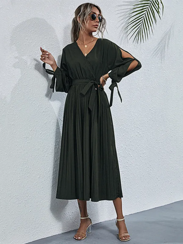 V-Neck Pleated Mid-Length Dress with Waist Tie and Hollow Straps