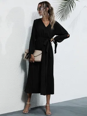 V-Neck Pleated Mid-Length Dress with Waist Tie and Hollow Straps