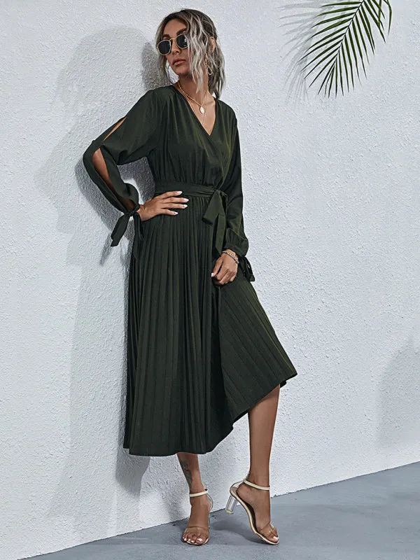 V-Neck Pleated Mid-Length Dress with Waist Tie and Hollow Straps