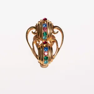 Vintage 1940s Gold Dress Clip with Colorful Rhinestones