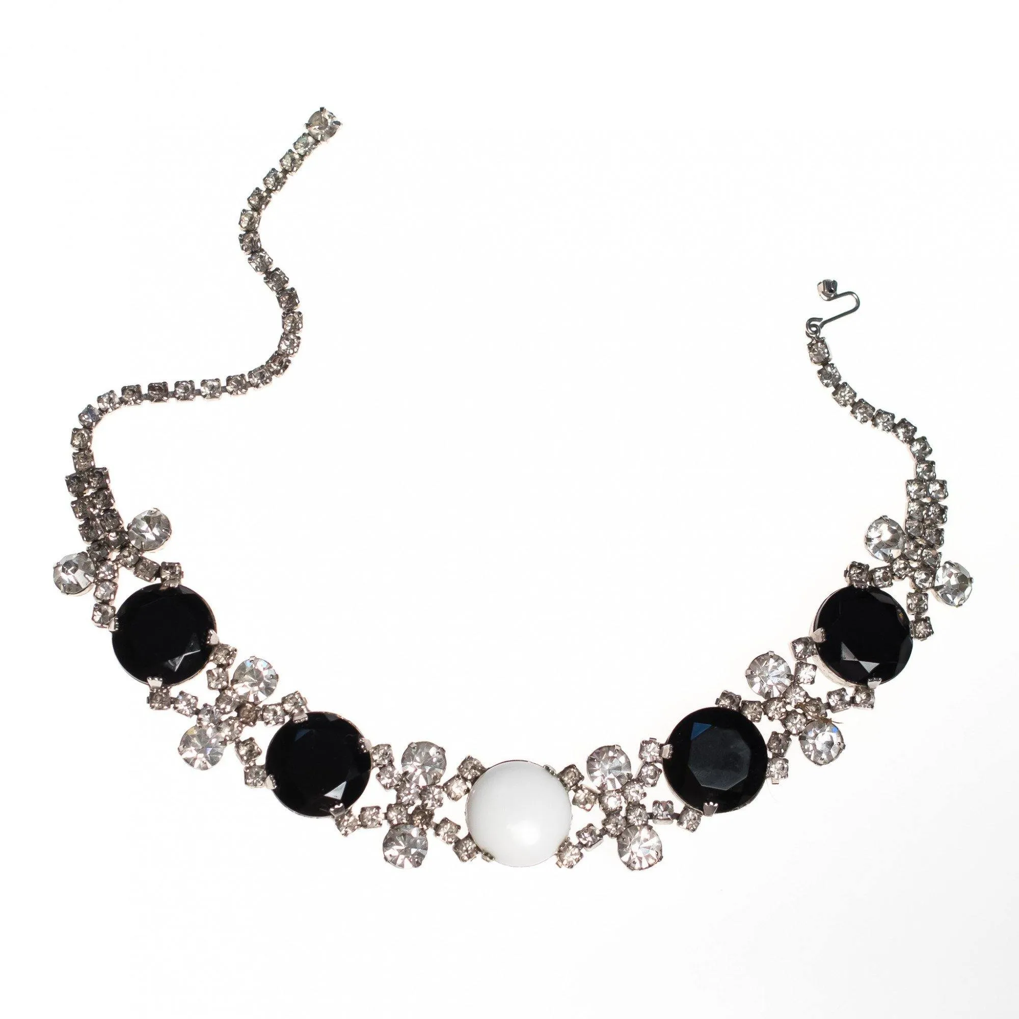 Vintage 1950s Black Jet, Diamante and White Milk Glass Rhinestone Choker Necklace