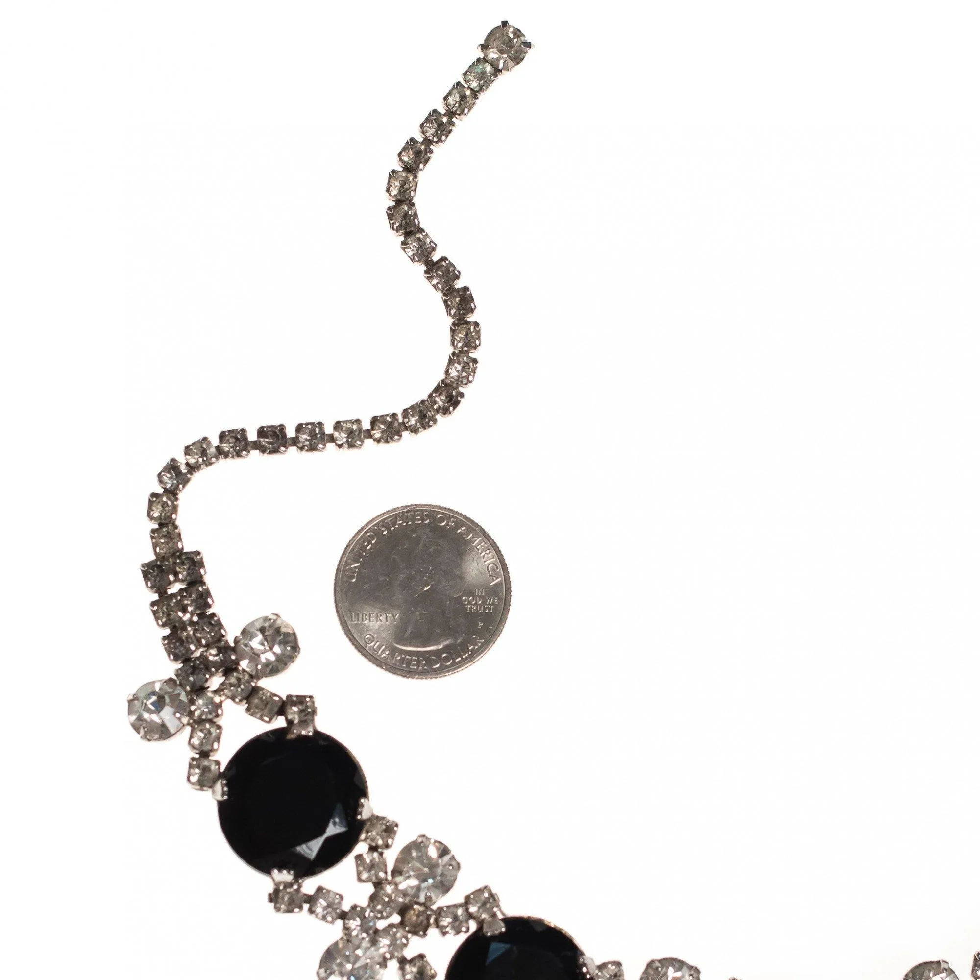 Vintage 1950s Black Jet, Diamante and White Milk Glass Rhinestone Choker Necklace