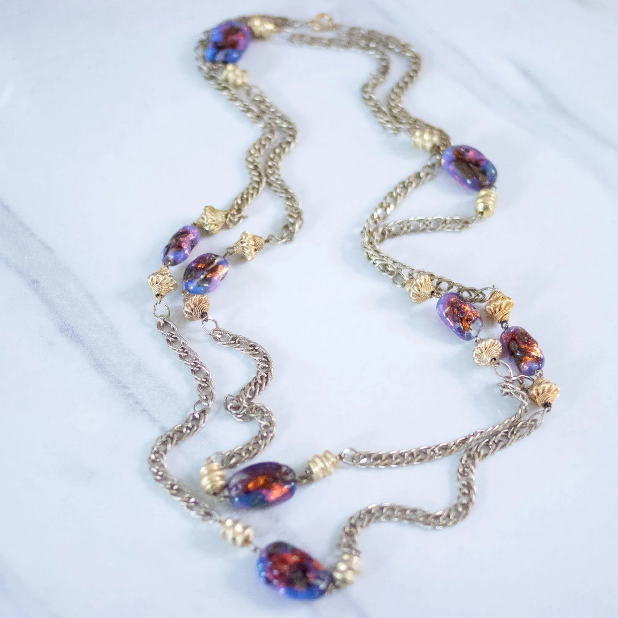 Vintage 1950s Flapper Length Gold and Purple Iridescent Art Glass Necklace