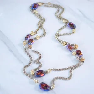 Vintage 1950s Flapper Length Gold and Purple Iridescent Art Glass Necklace