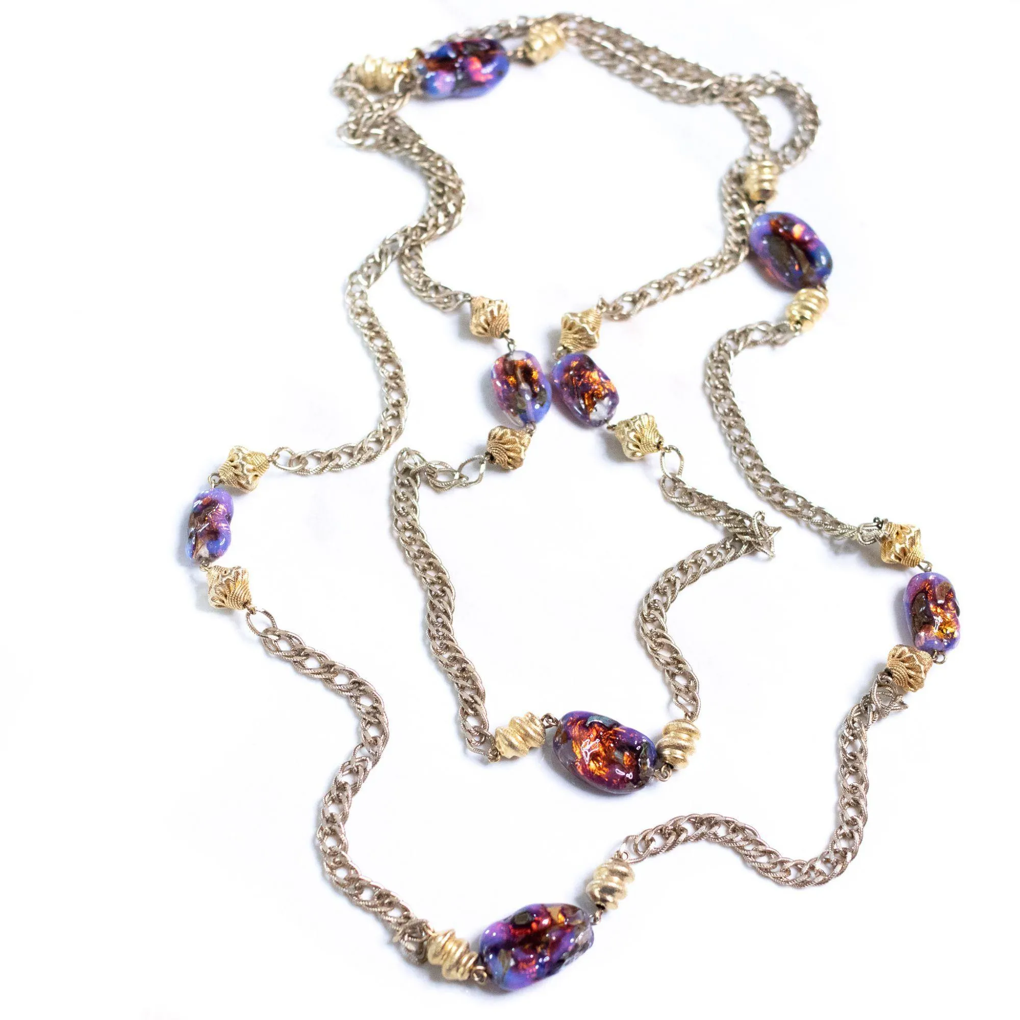 Vintage 1950s Flapper Length Gold and Purple Iridescent Art Glass Necklace