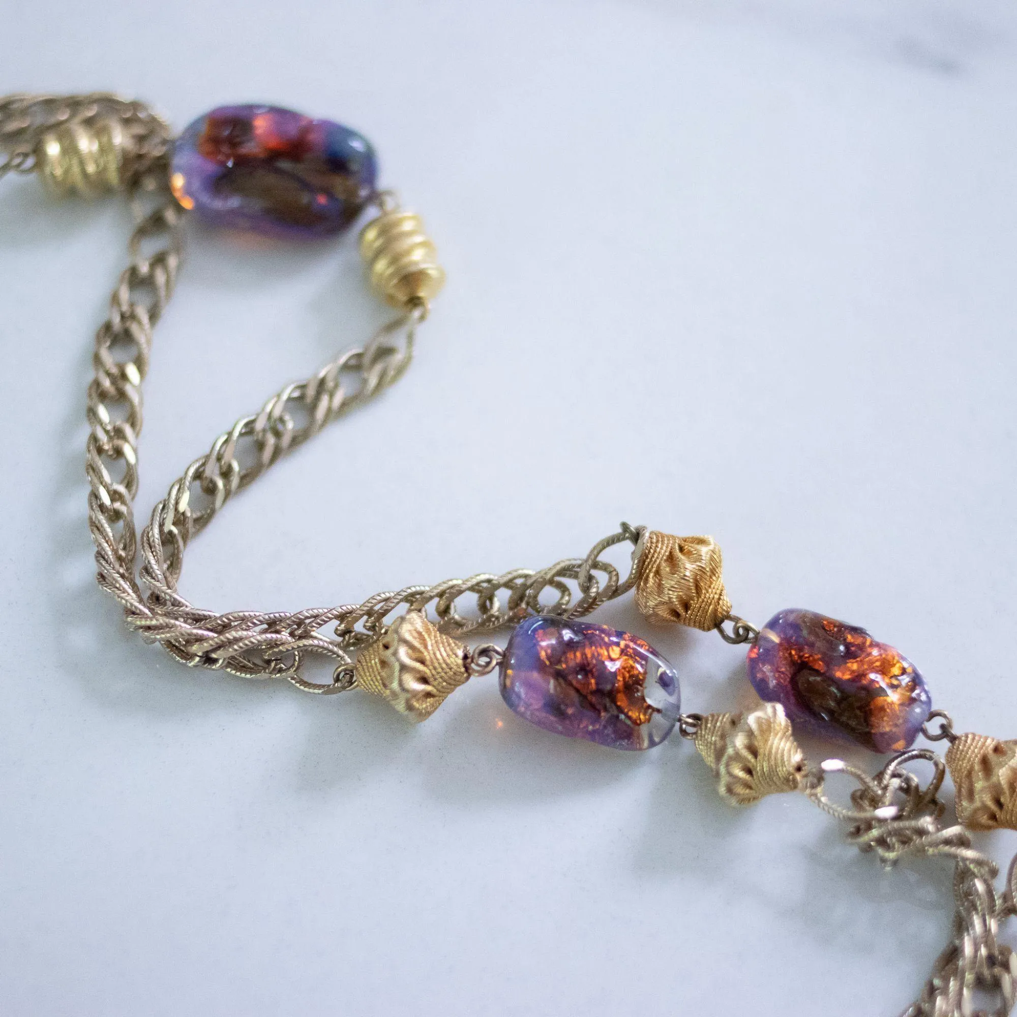 Vintage 1950s Flapper Length Gold and Purple Iridescent Art Glass Necklace