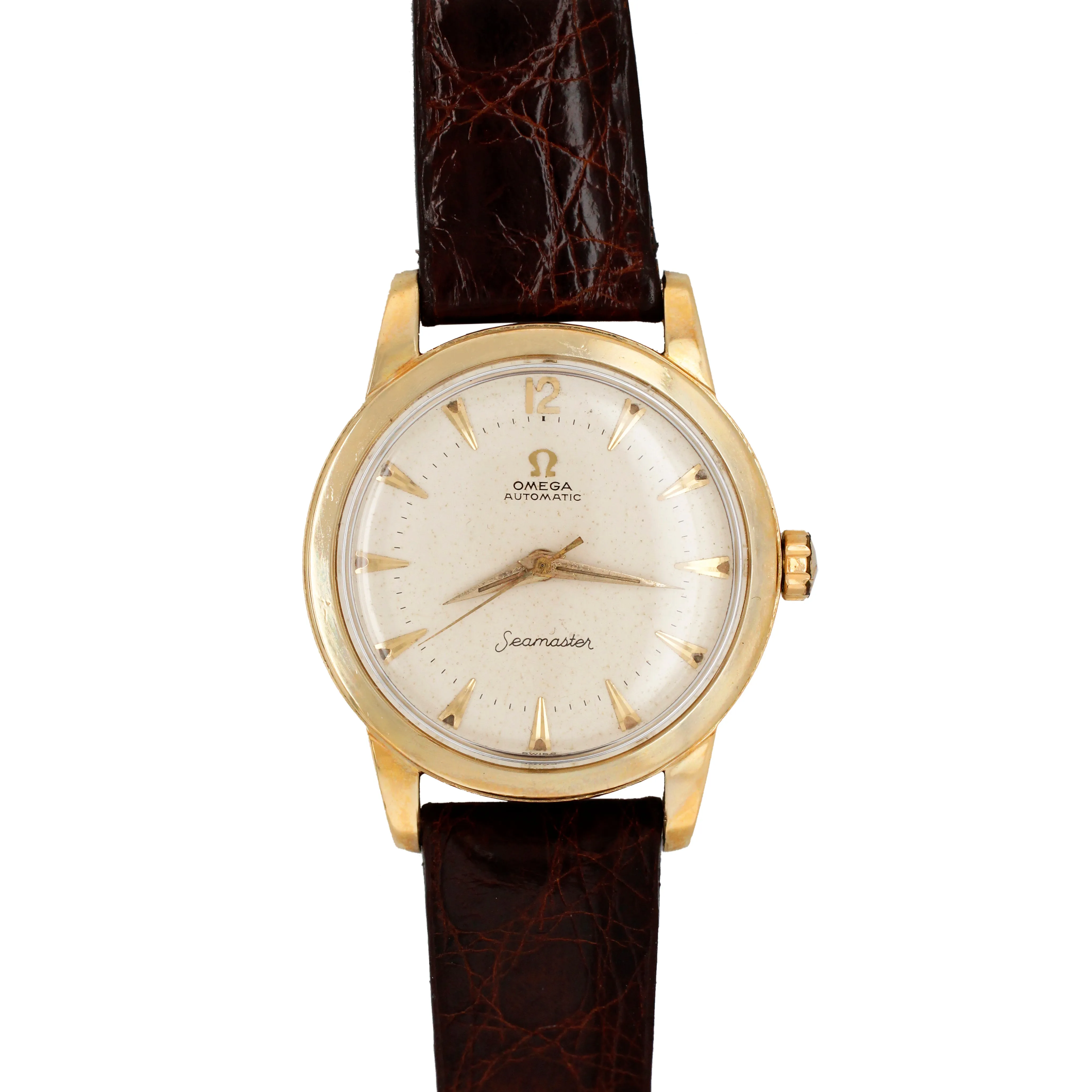 Vintage 1950s Omega Seamaster GX6546 14k Yellow Gold Champagne Dial Watch w/ Box