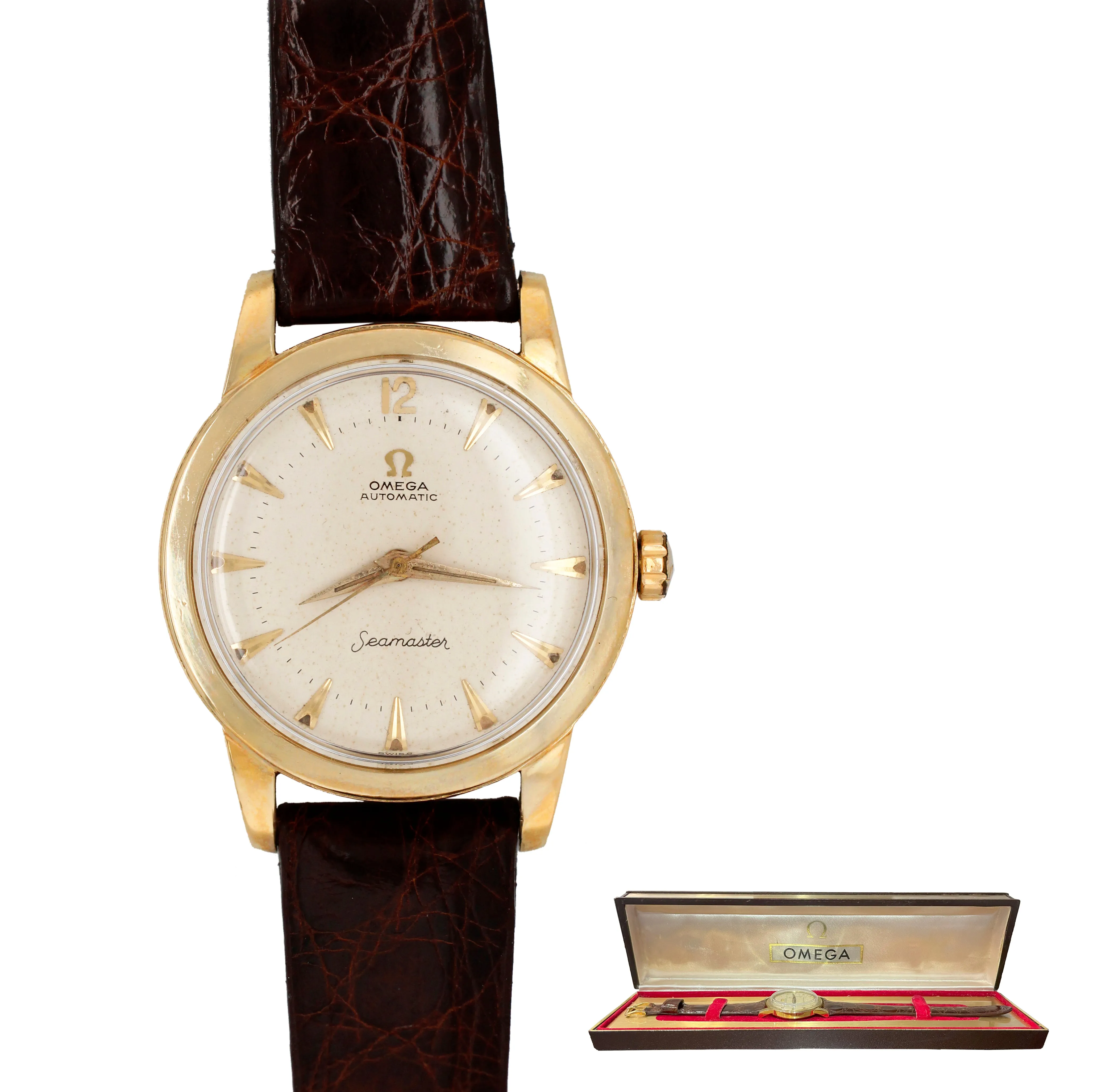 Vintage 1950s Omega Seamaster GX6546 14k Yellow Gold Champagne Dial Watch w/ Box