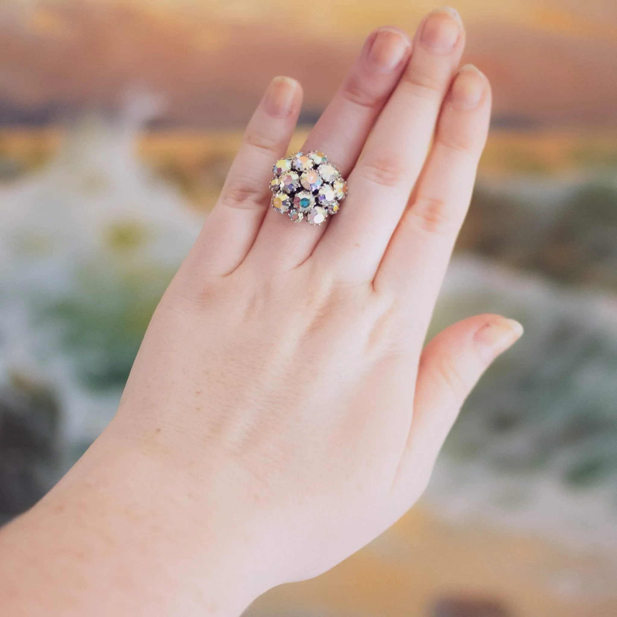 Vintage 1950s Sarah Coventry Aurora Borealis Rhinestone Cluster Statement Ring
