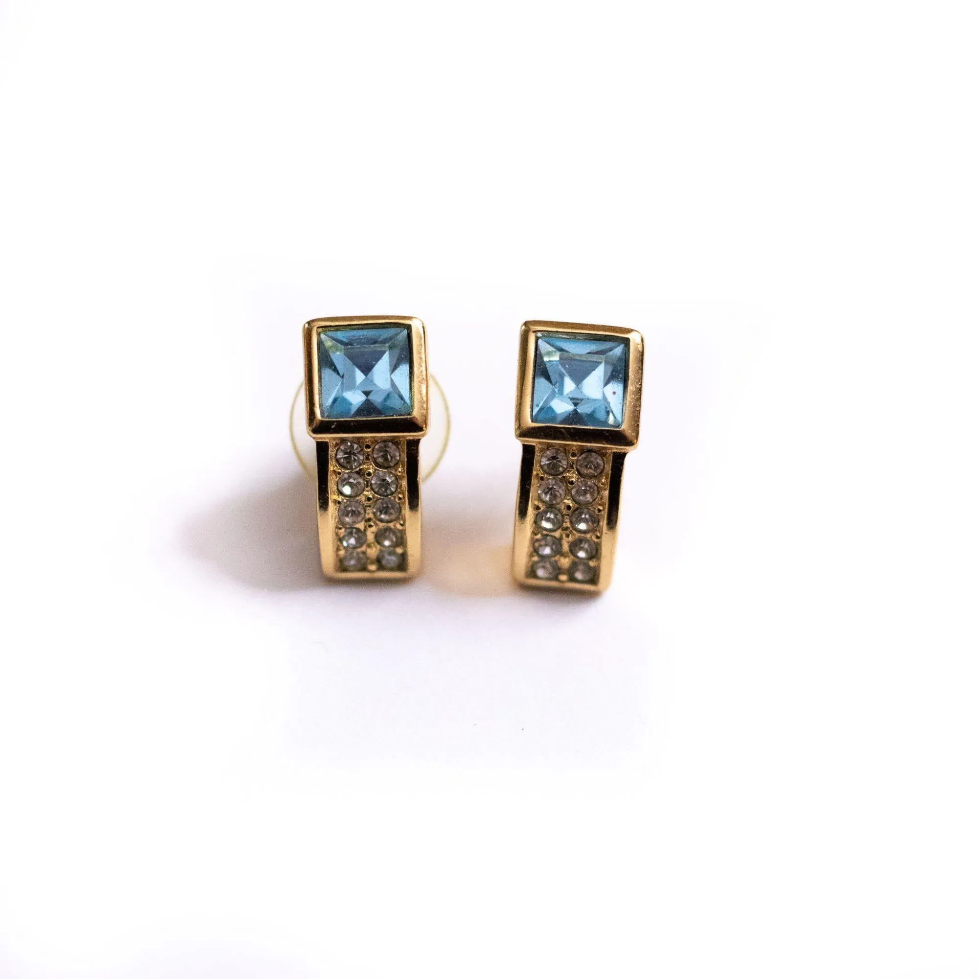 Vintage 1980s Swarovski Blue Crystal and Pave Diamante Rhinestone Earrings