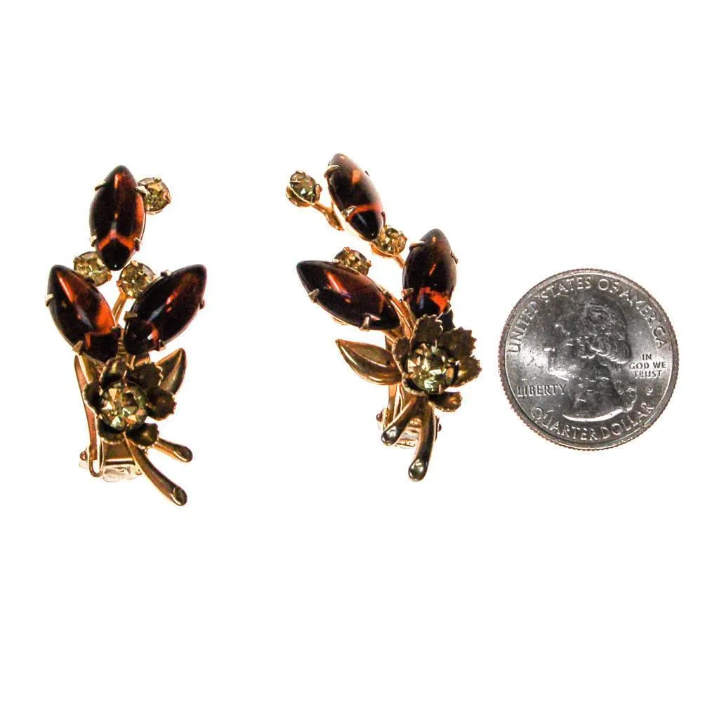 Vintage Amber and Yellow Rhinestone Flower Statement Earrings, Ear Crawler, Clip On
