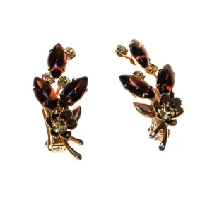 Vintage Amber and Yellow Rhinestone Flower Statement Earrings, Ear Crawler, Clip On