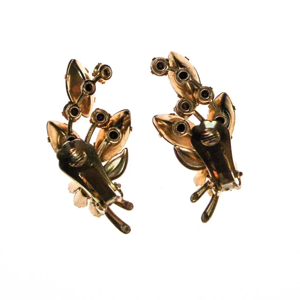 Vintage Amber and Yellow Rhinestone Flower Statement Earrings, Ear Crawler, Clip On