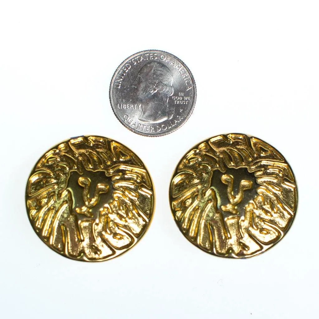 Vintage Anne Klein Couture Gold Lion Huge Round Statement Earrings