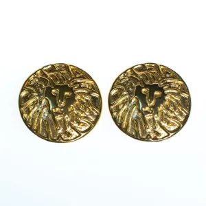 Vintage Anne Klein Couture Gold Lion Huge Round Statement Earrings