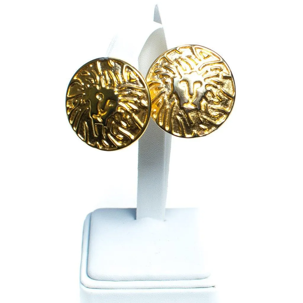 Vintage Anne Klein Couture Gold Lion Huge Round Statement Earrings