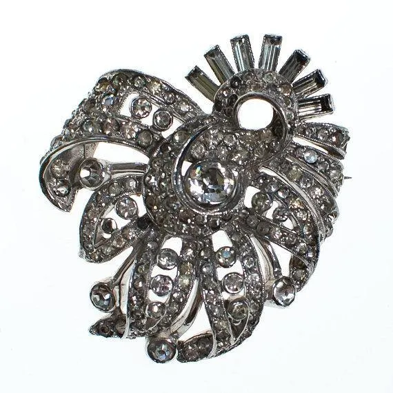 Vintage Art Deco Clear Diamond Look Rhinestone Brooch Pin