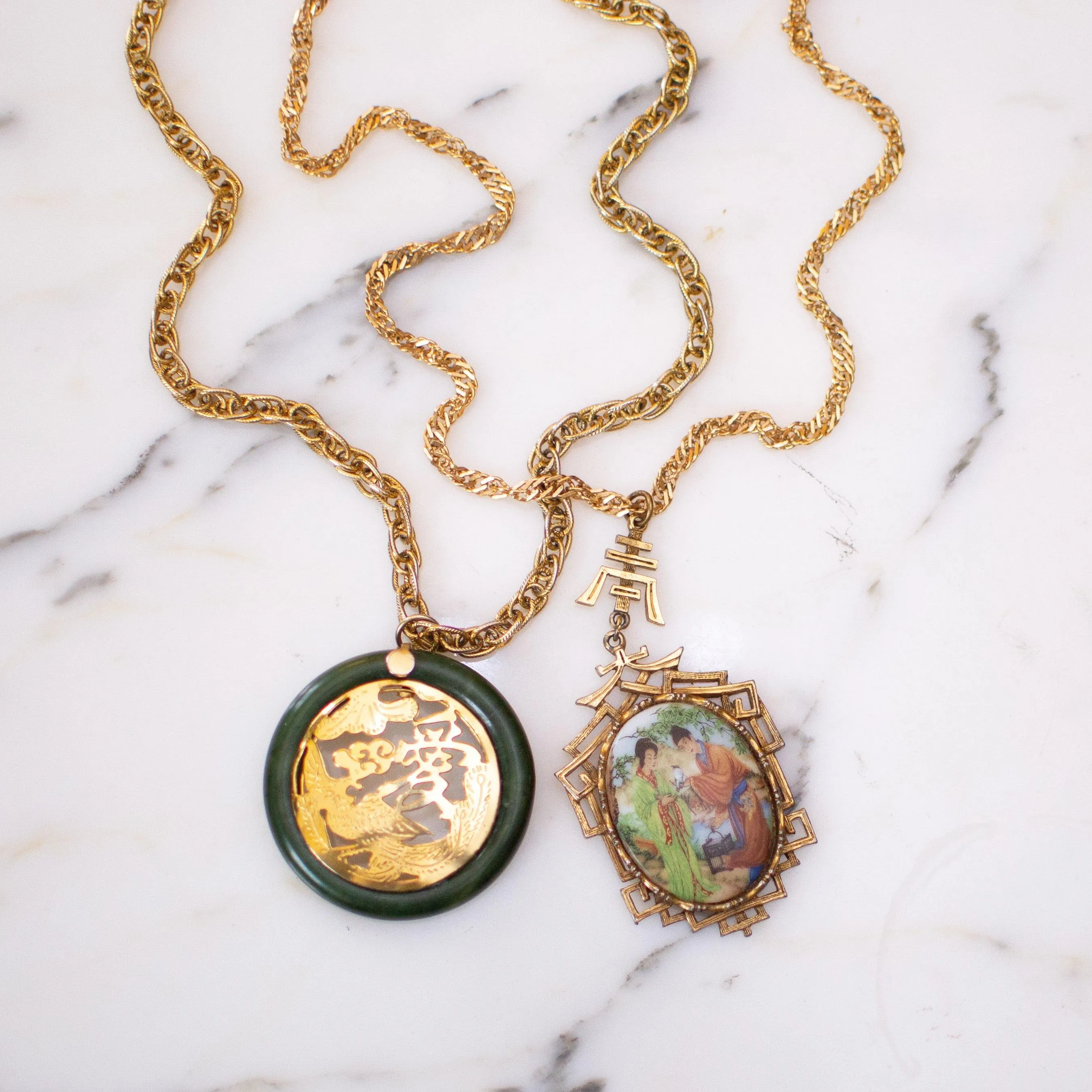Vintage Asian Character and Jade Pendant Necklace