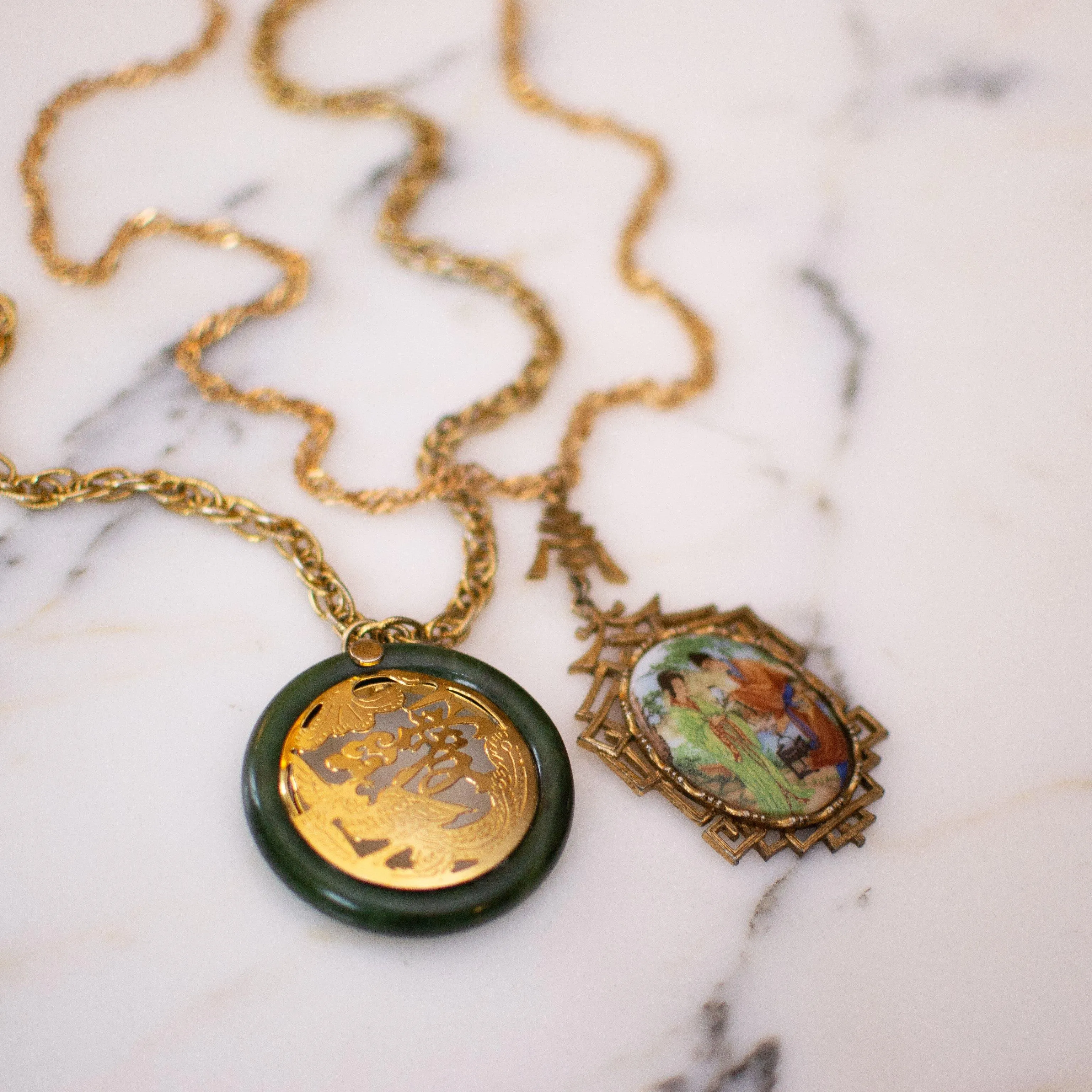 Vintage Asian Character and Jade Pendant Necklace