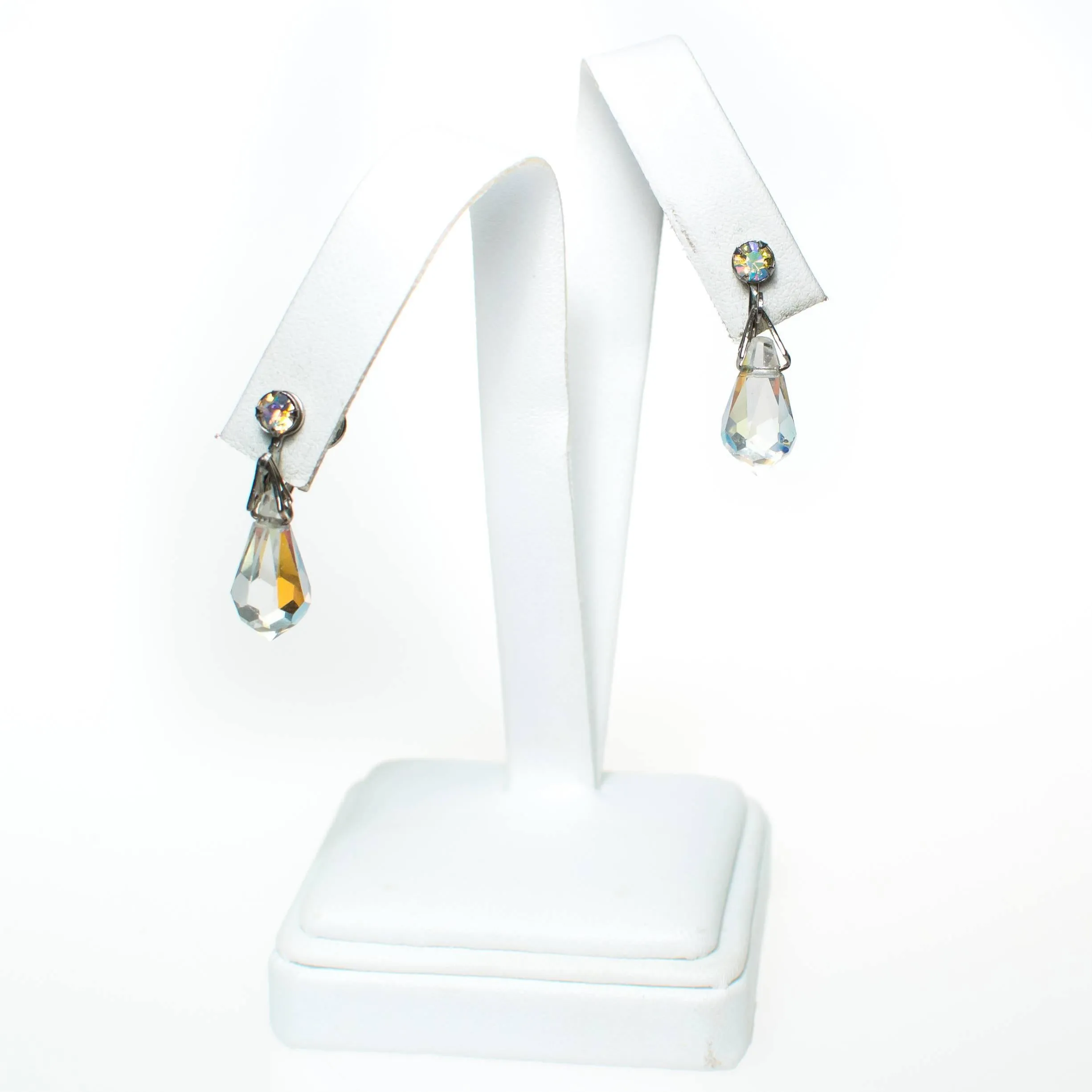 Vintage Aurora Borealis Faceted Crystal Dangling Drop Earrings, 1950s, Screw Back