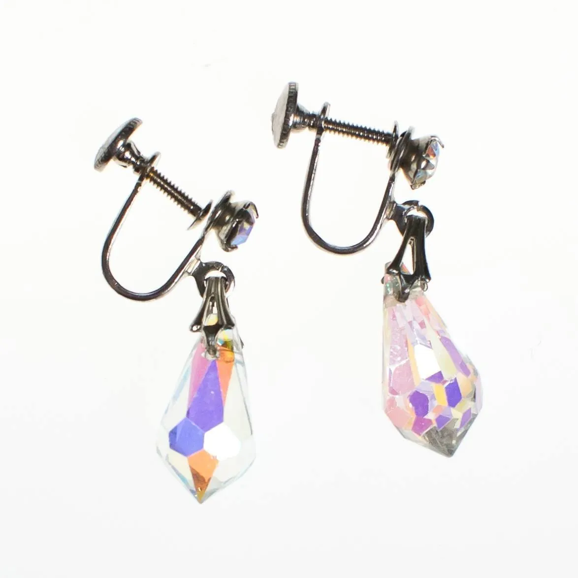 Vintage Aurora Borealis Faceted Crystal Dangling Drop Earrings, 1950s, Screw Back