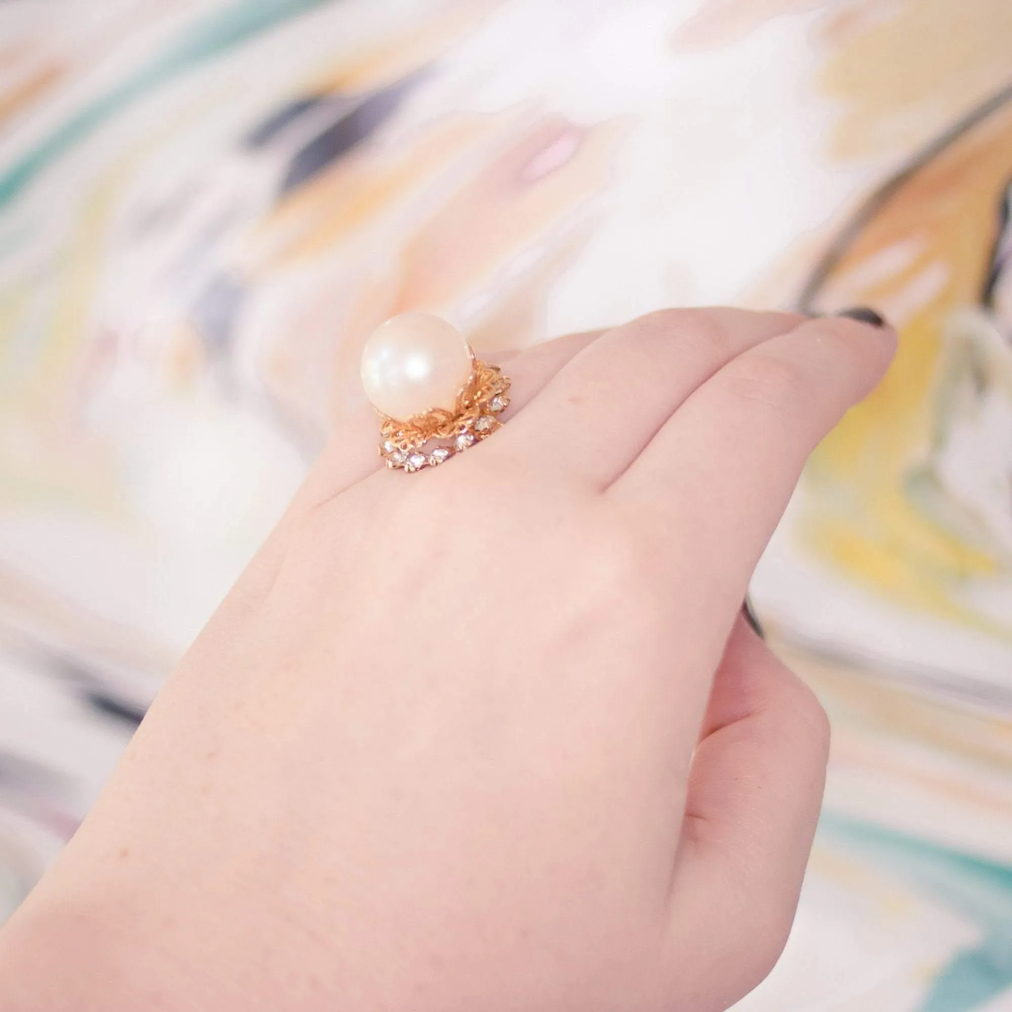 Vintage Faux Pearl and Diamante Crystal Cocktail Ring