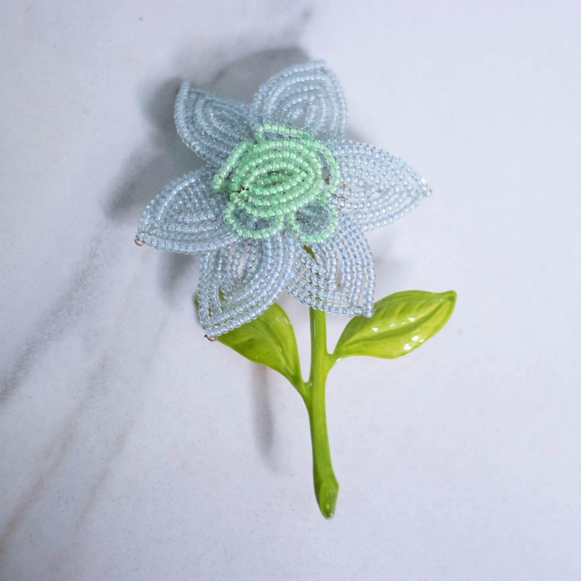 Vintage French Wire Blue and Green Seed Bead Flower Brooch