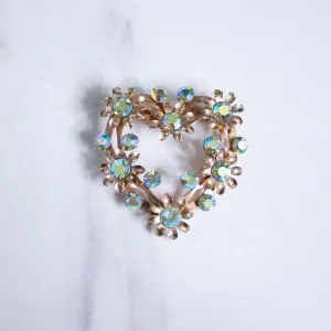 Vintage Gold Leaves and Aurora Borealis Heart Brooch