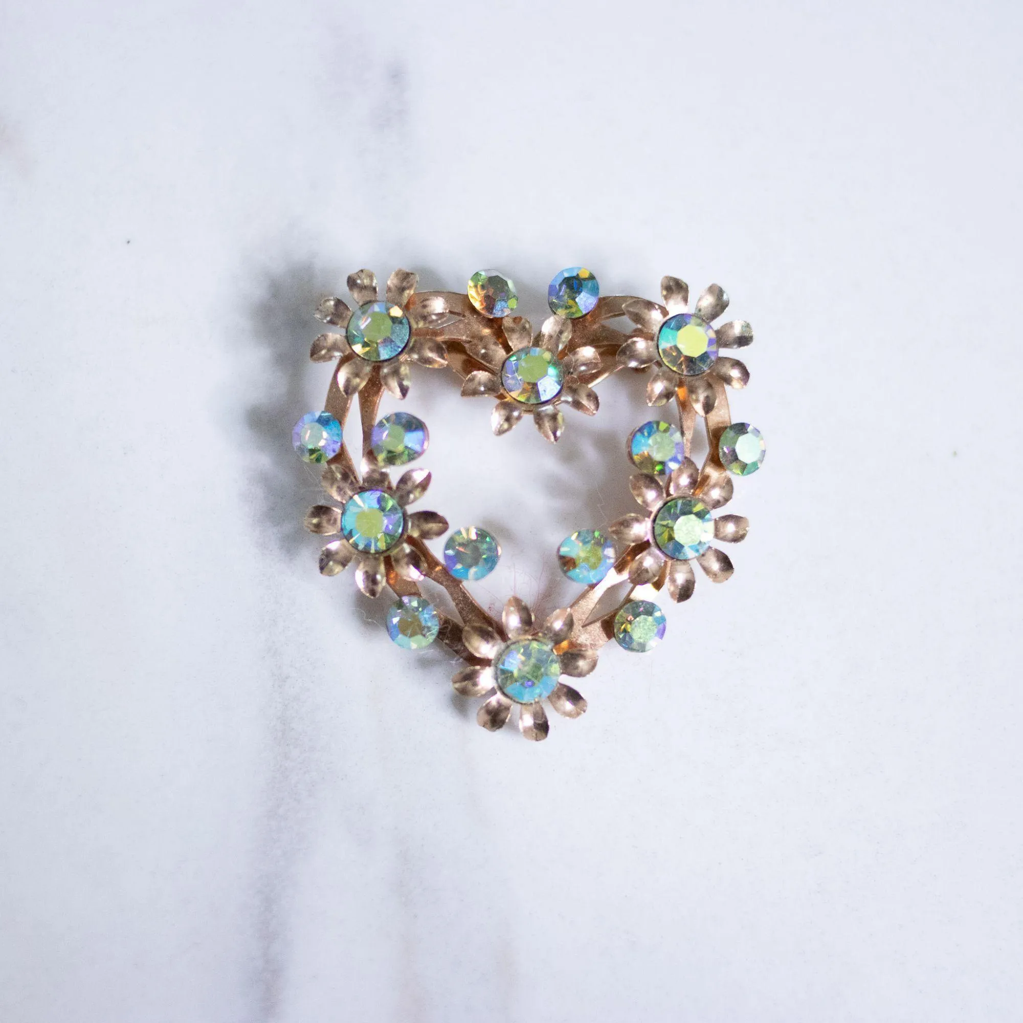 Vintage Gold Leaves and Aurora Borealis Heart Brooch