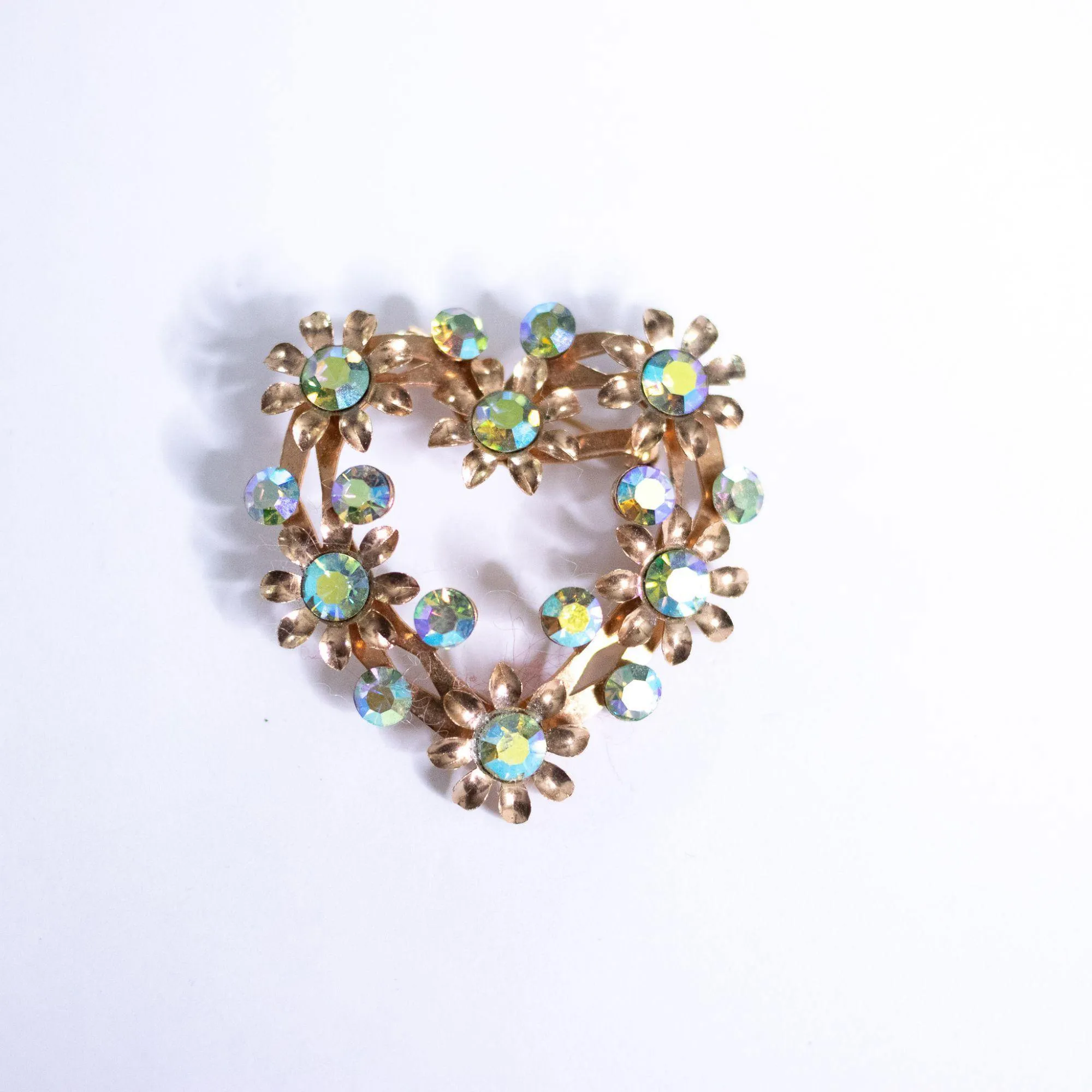 Vintage Gold Leaves and Aurora Borealis Heart Brooch