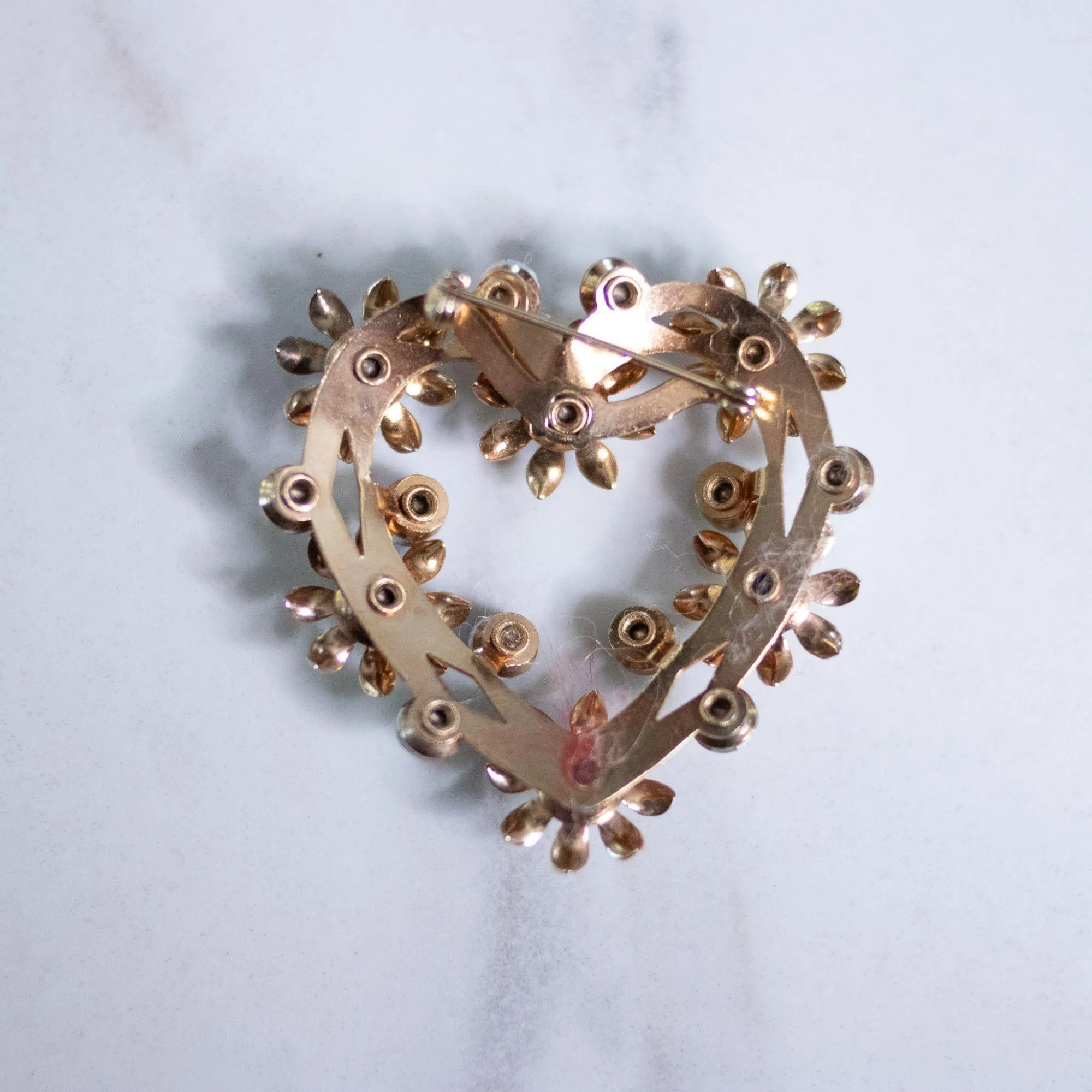 Vintage Gold Leaves and Aurora Borealis Heart Brooch