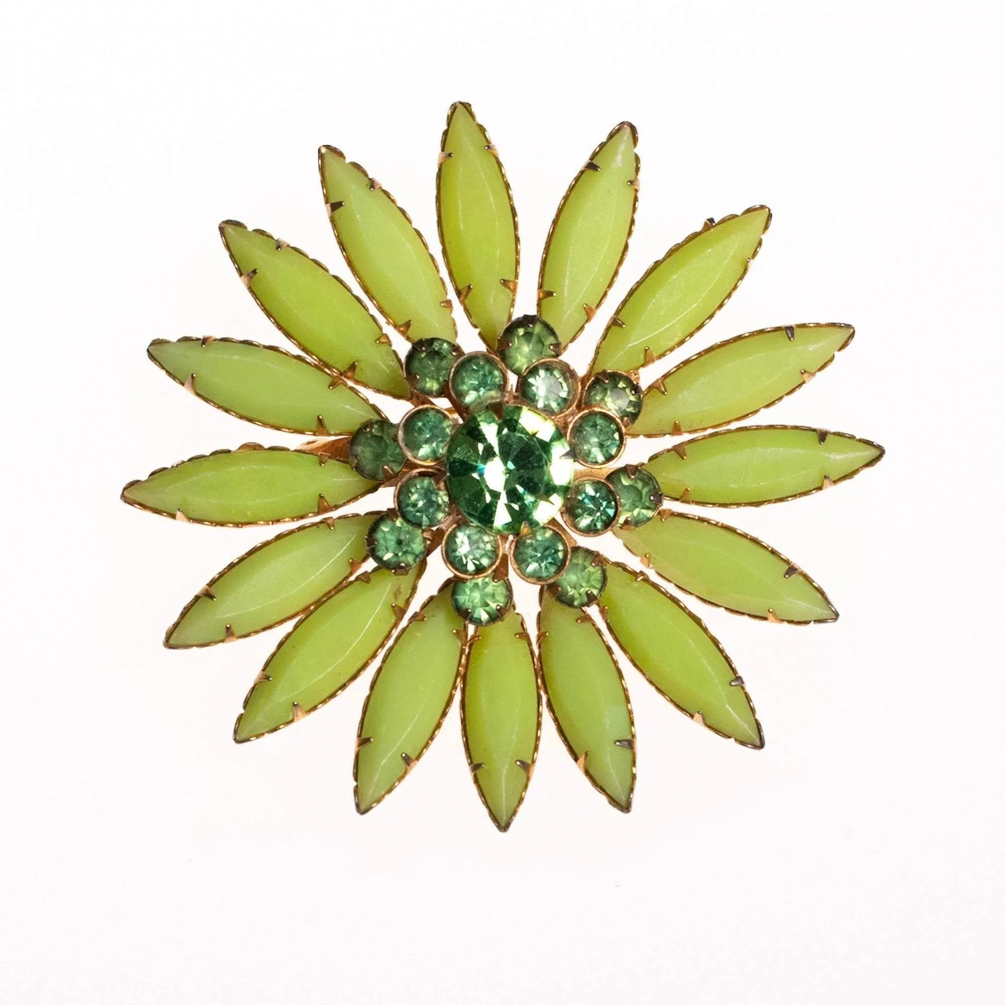 Vintage Green Rhinestone Flower Brooch