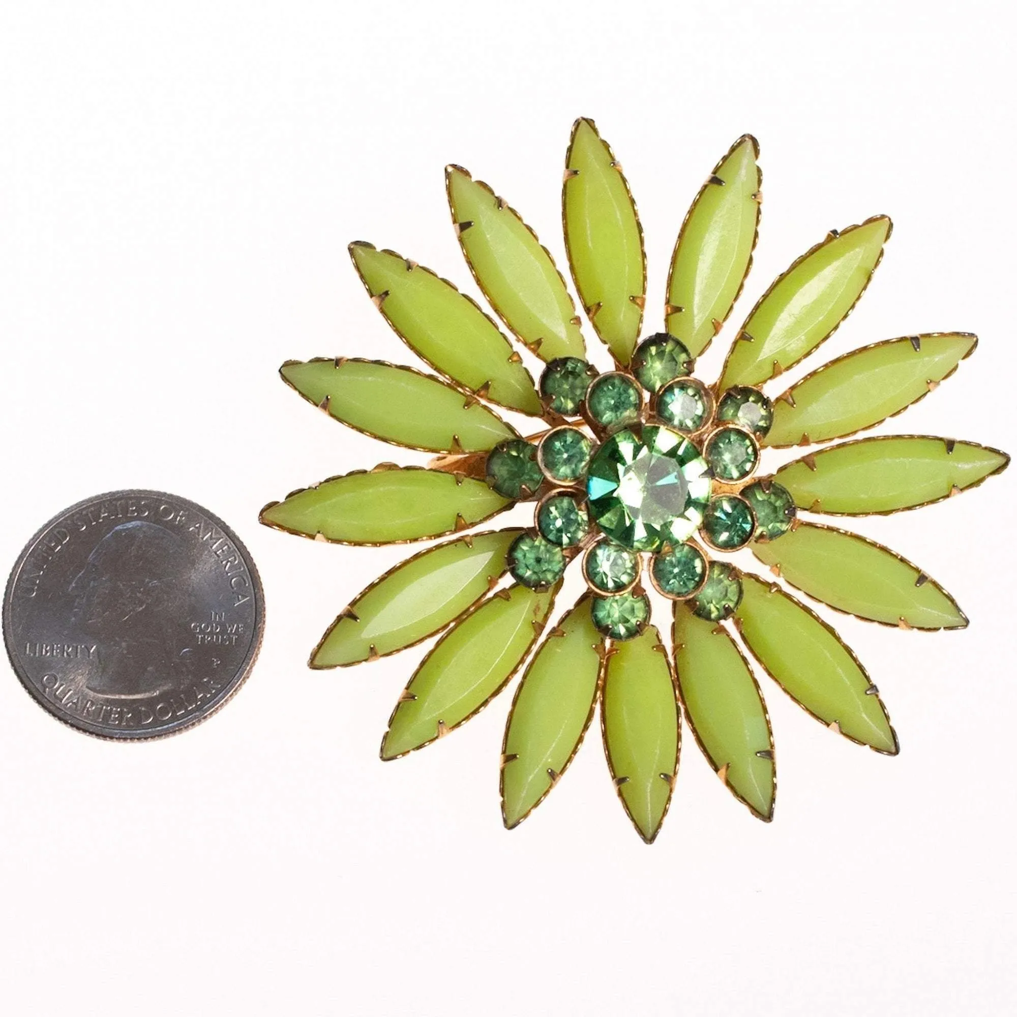 Vintage Green Rhinestone Flower Brooch