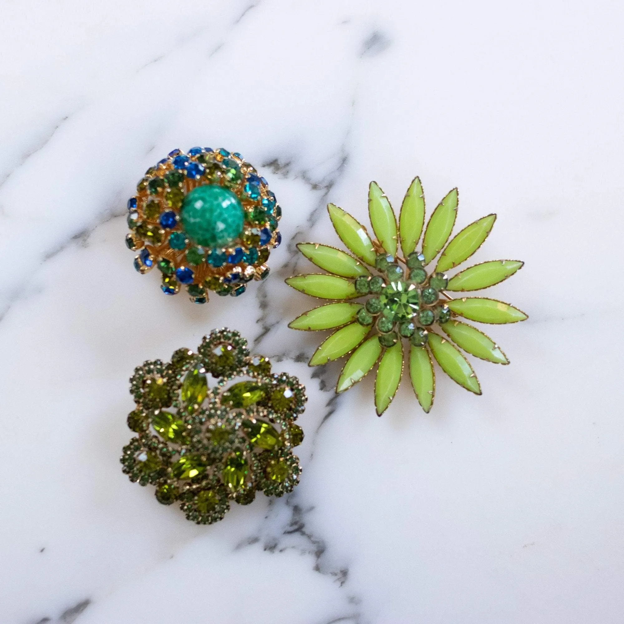 Vintage Green Rhinestone Flower Brooch