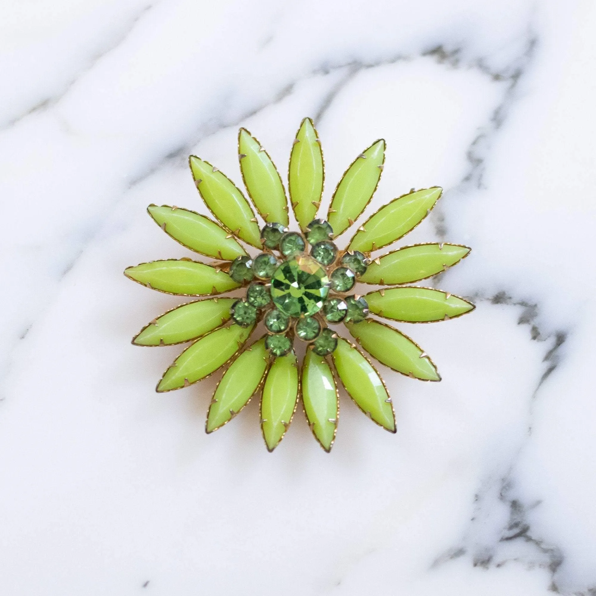 Vintage Green Rhinestone Flower Brooch
