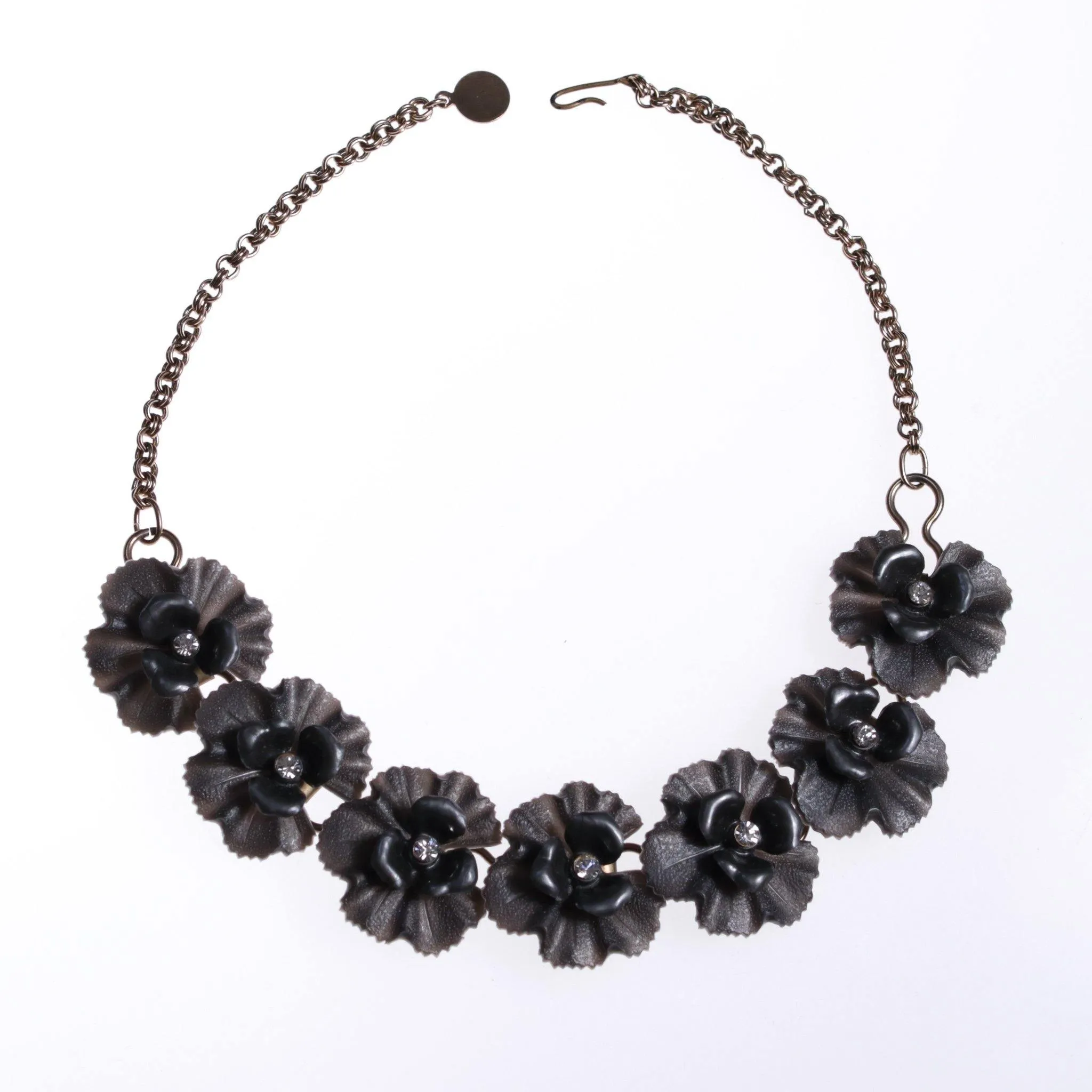 Vintage Grey Lucite Flower Necklace with Rhinestones Center