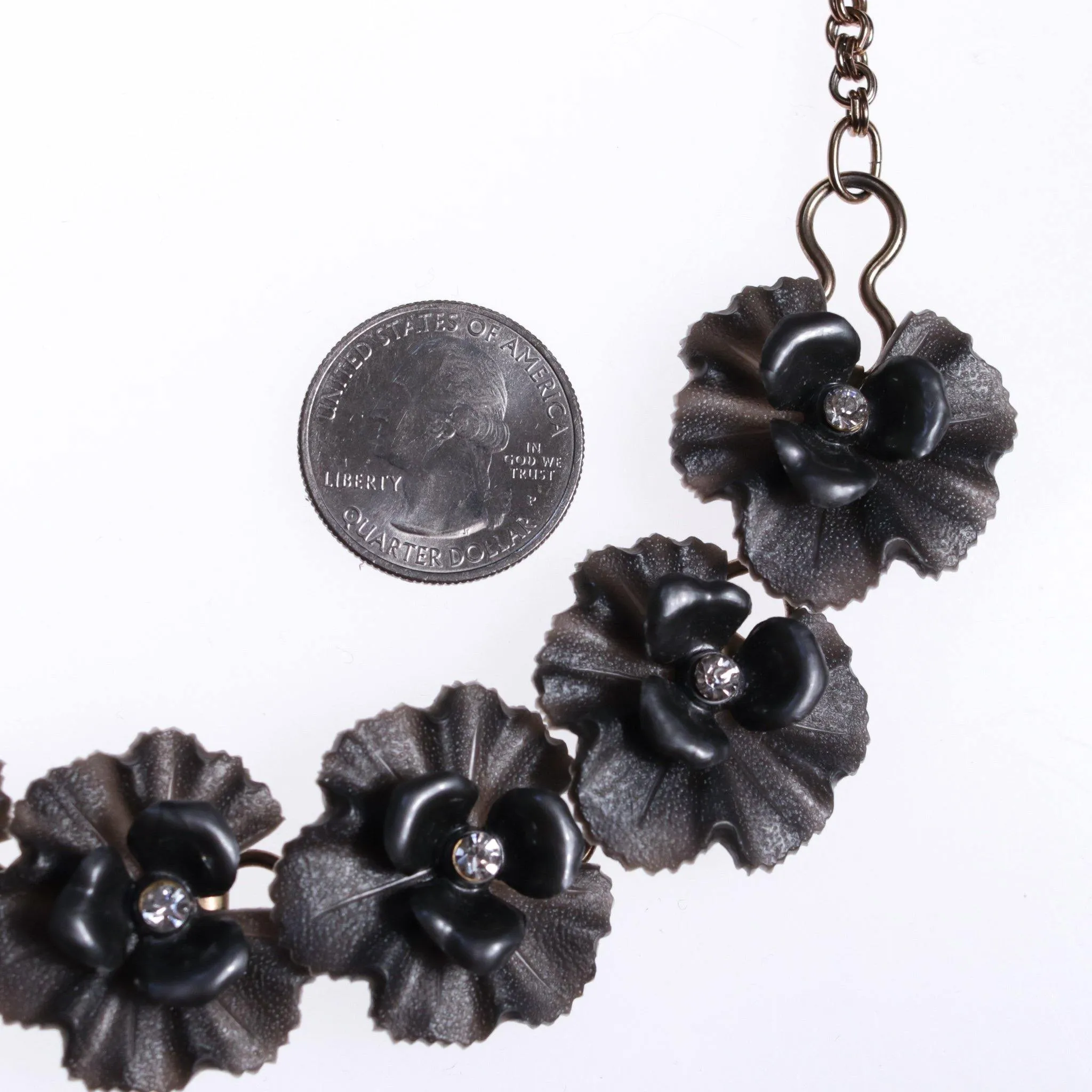 Vintage Grey Lucite Flower Necklace with Rhinestones Center