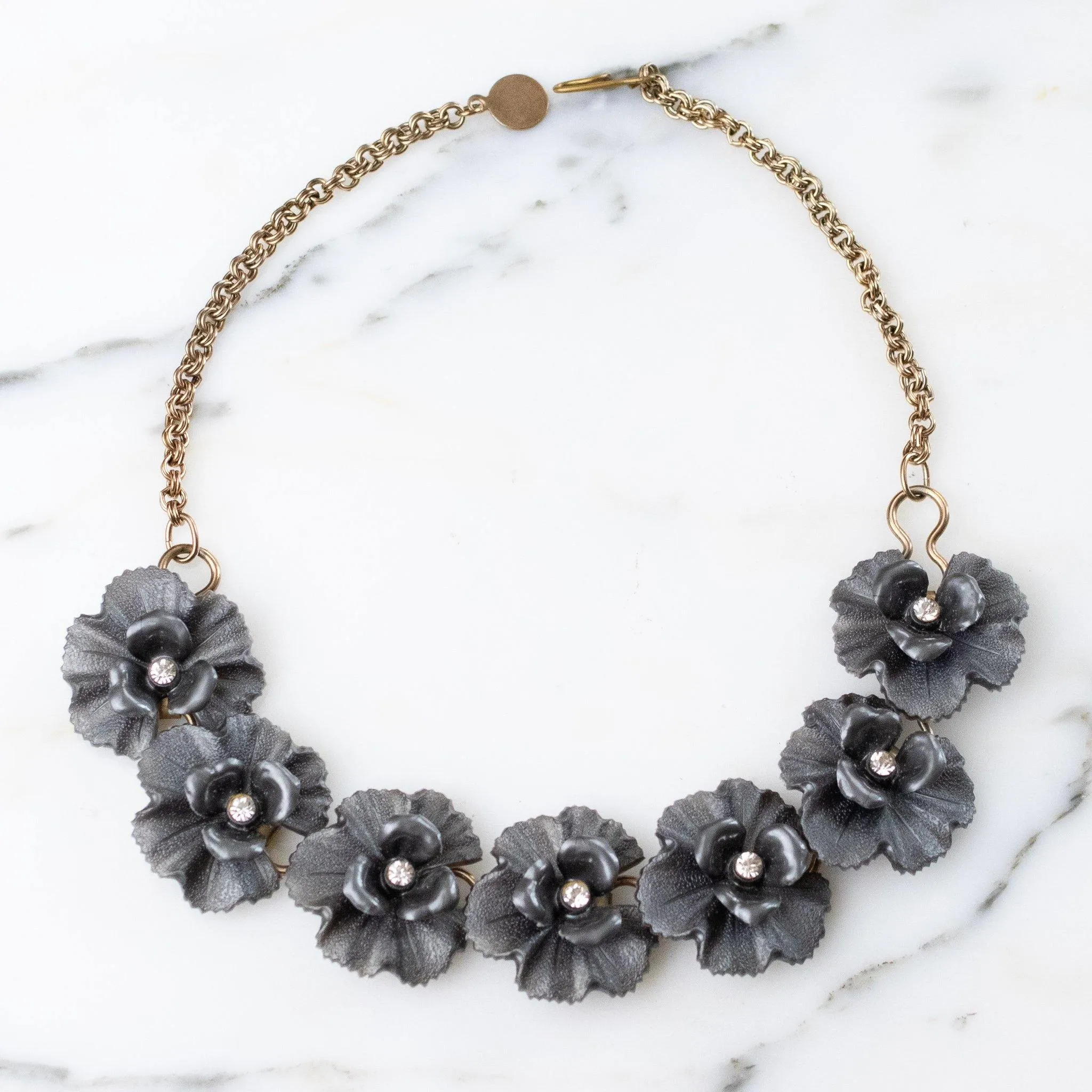 Vintage Grey Lucite Flower Necklace with Rhinestones Center