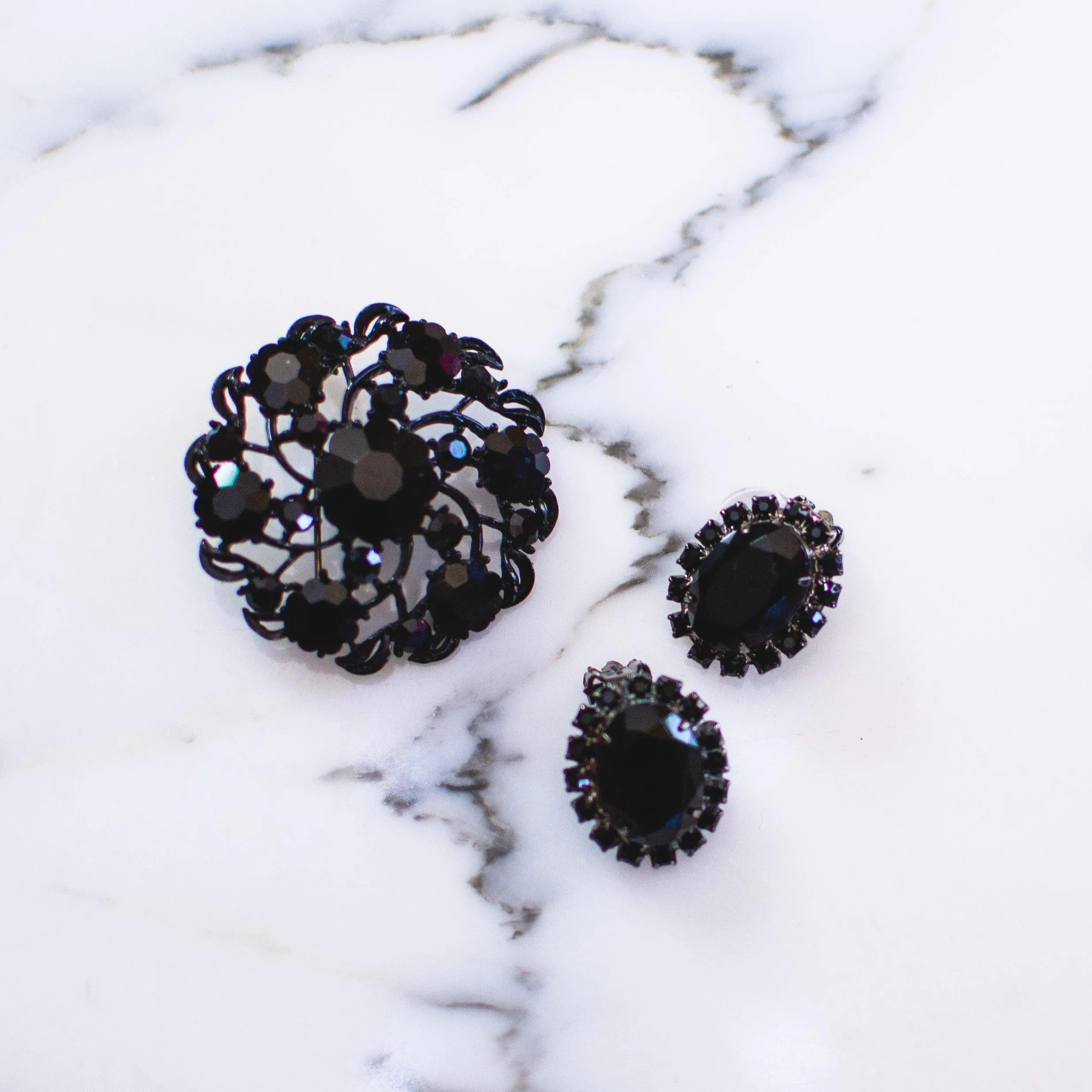 Vintage Jet Black Rhinestone Earrings, Clip-on