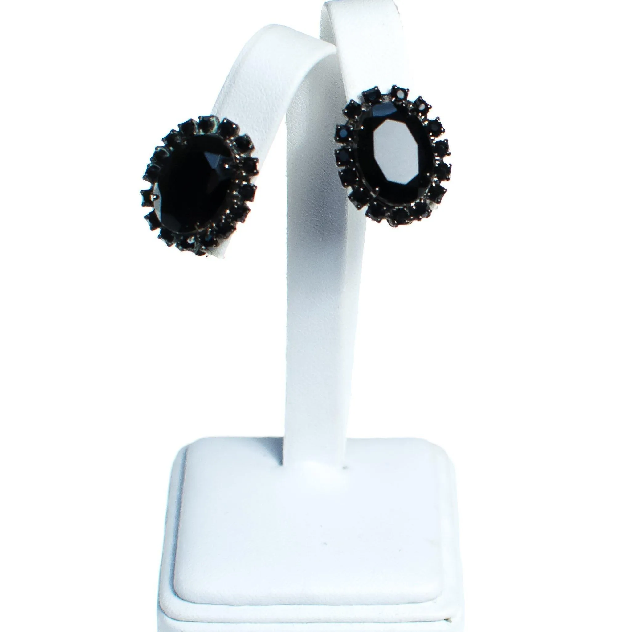 Vintage Jet Black Rhinestone Earrings, Clip-on