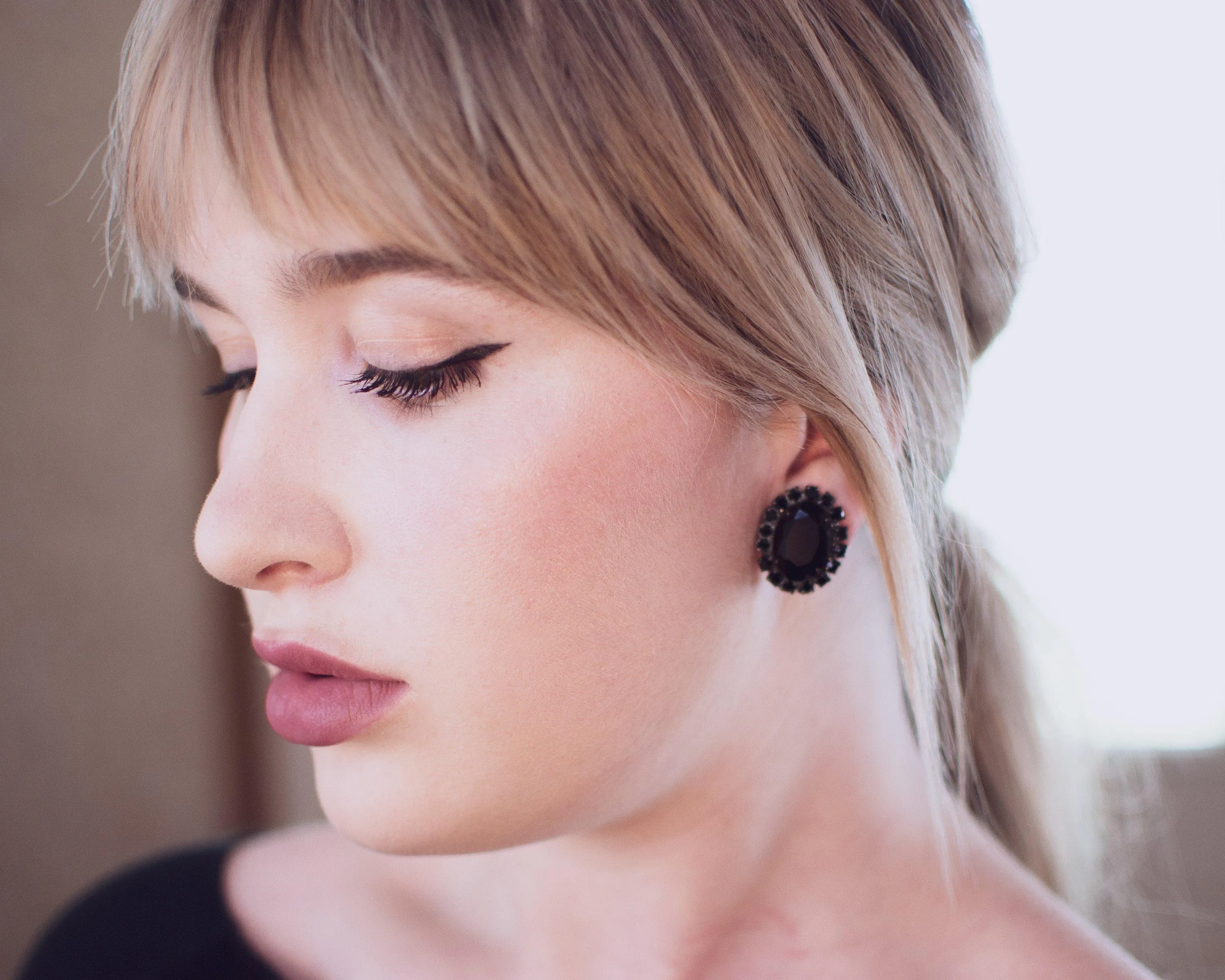 Vintage Jet Black Rhinestone Earrings, Clip-on