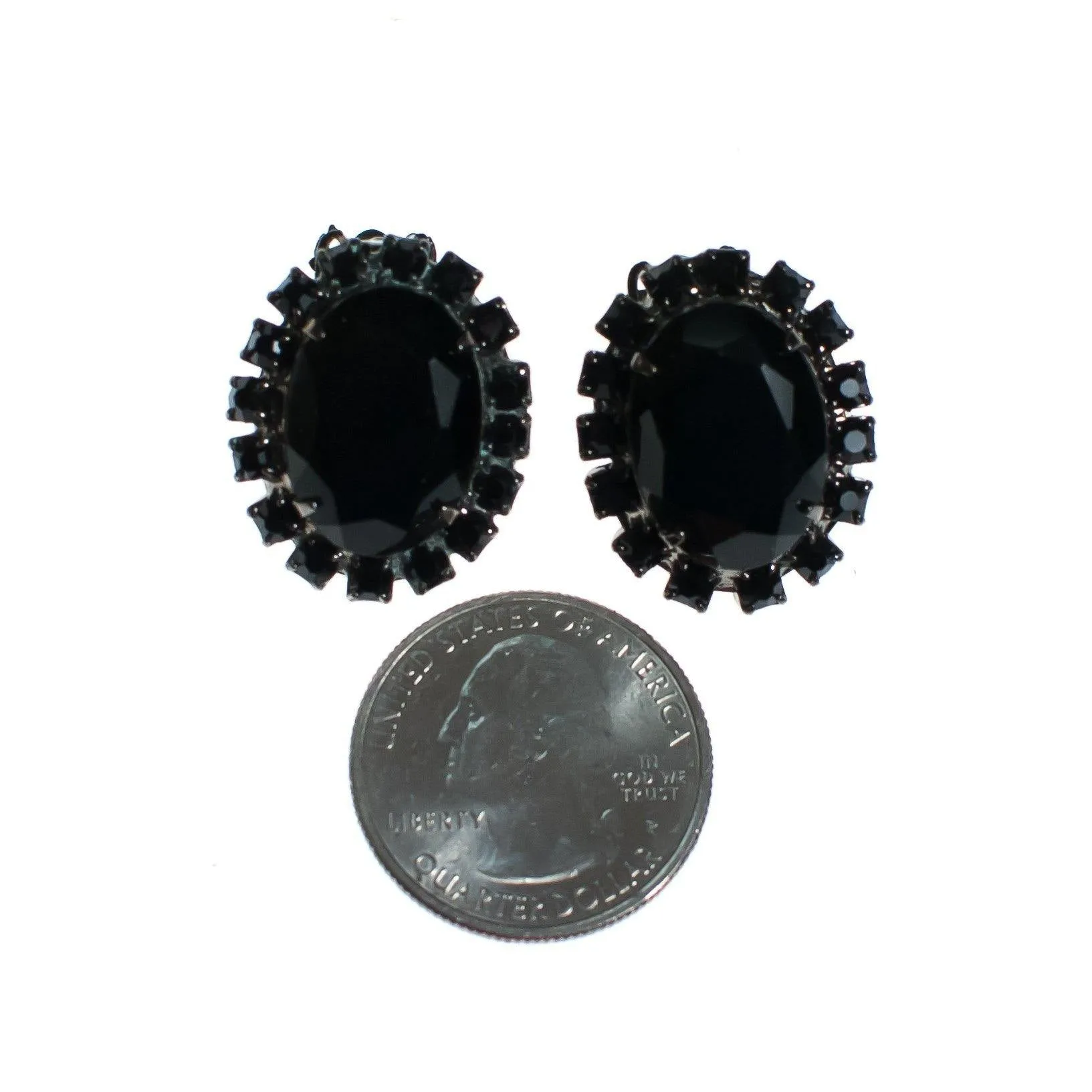 Vintage Jet Black Rhinestone Earrings, Clip-on