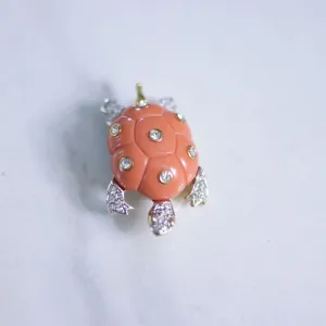 Vintage Kenneth Lane Coral Lucite and Rhinestone Turtle Brooch