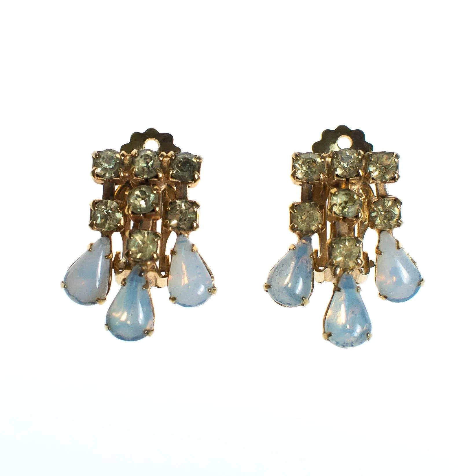 Vintage Lemon Citrine Crystal and Opaline Glass Cabochon Dangle Rhinestone Statement Earrings